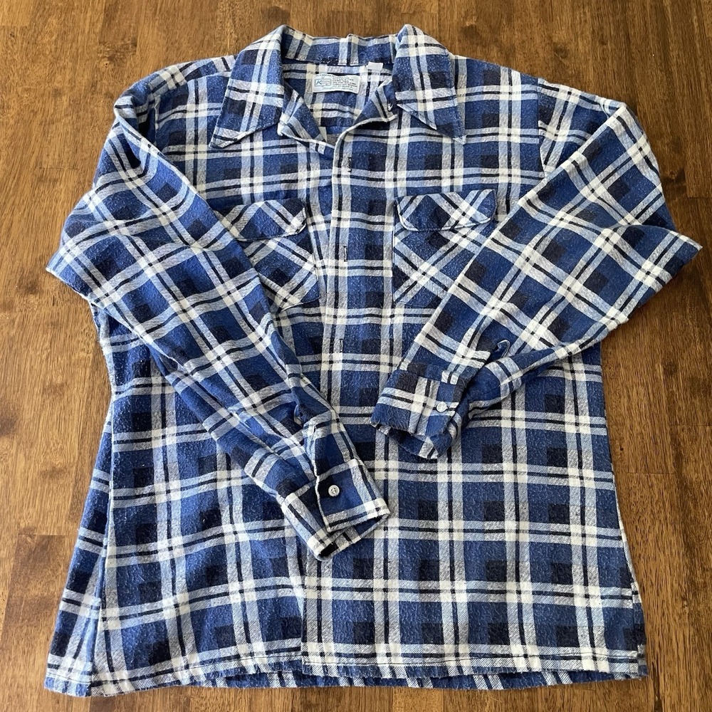 Vintage Kmart Blue White Plaid Flannel Shirt Mens Large 70s 80s Button Up